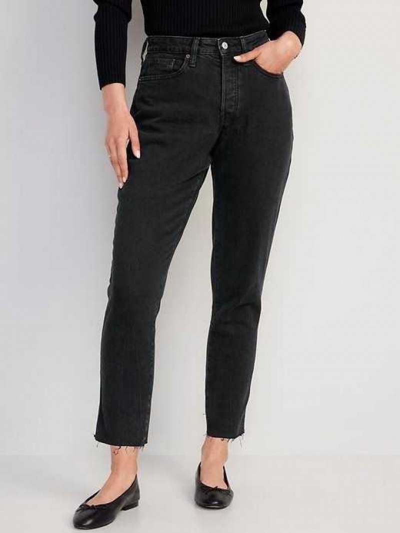 Old Navy Curvy High-Waisted Button-Fly O.G. Straight Black Cut-Off Jeans Moon Shade | RBO675324