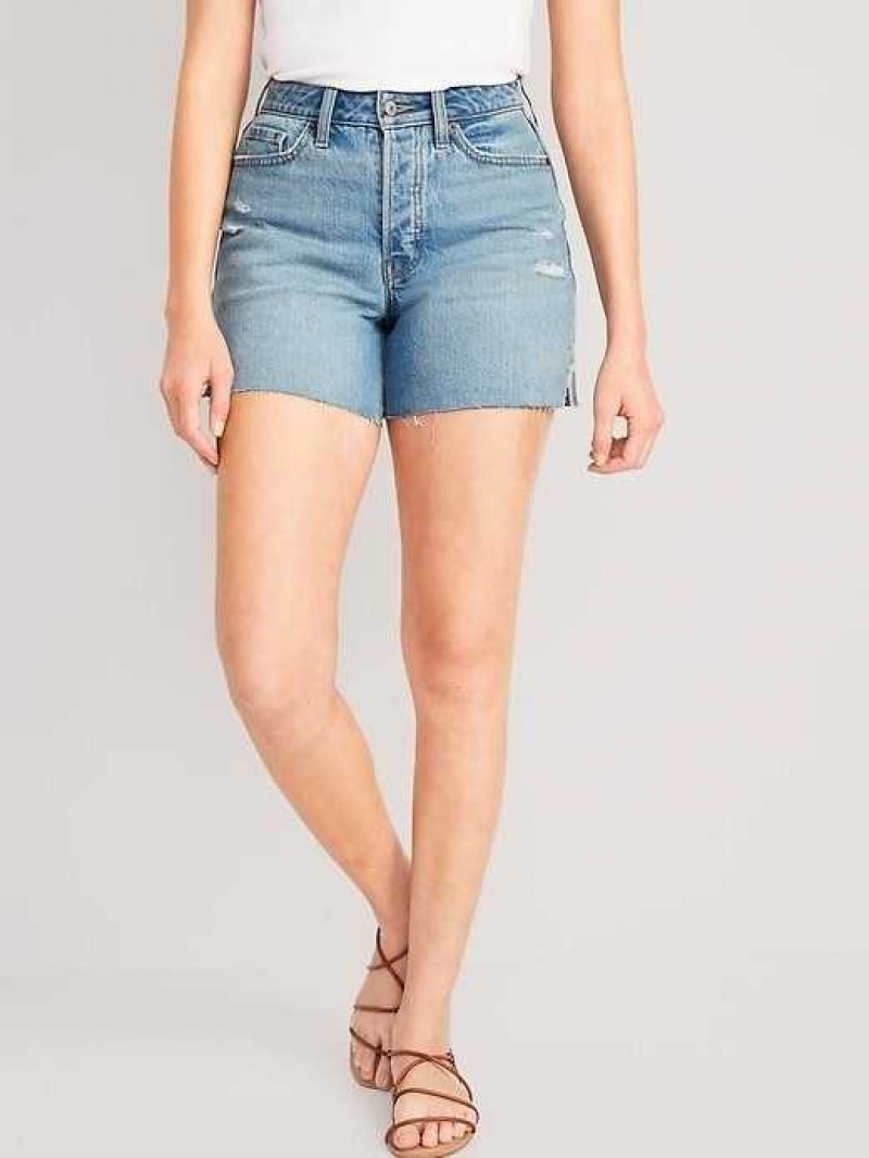 Old Navy Curvy High-Waisted Button-Fly OG Straight Side-Slit Jean Shorts Medium Distressed | QAJ362871