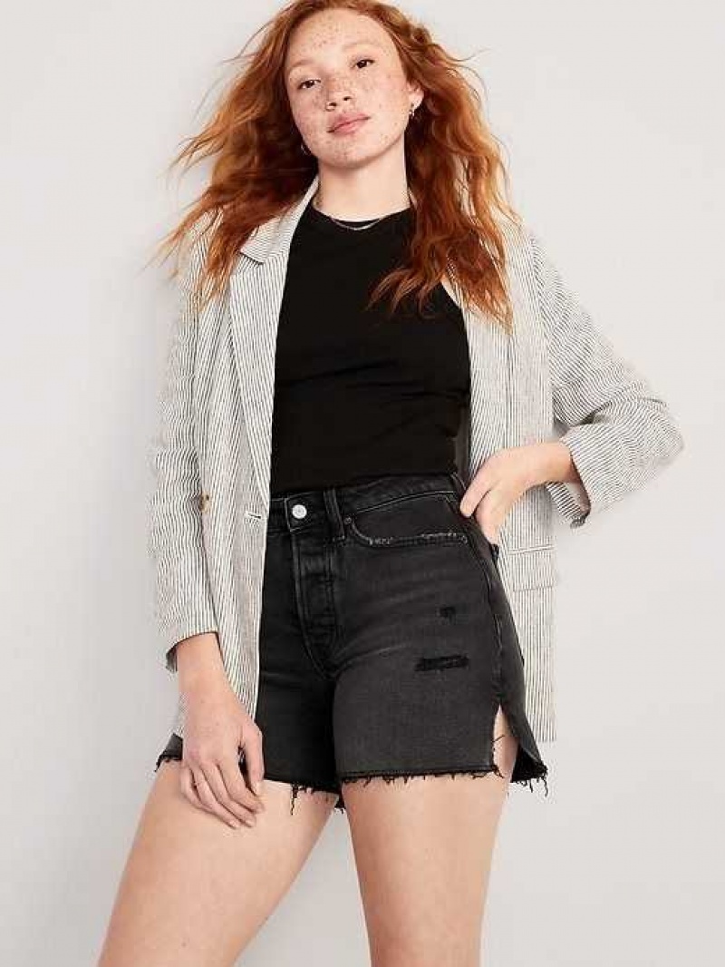 Old Navy Curvy High-Waisted Button-Fly OG Straight Side-Slit Cut-Off Jean Shorts Black | IEC168340