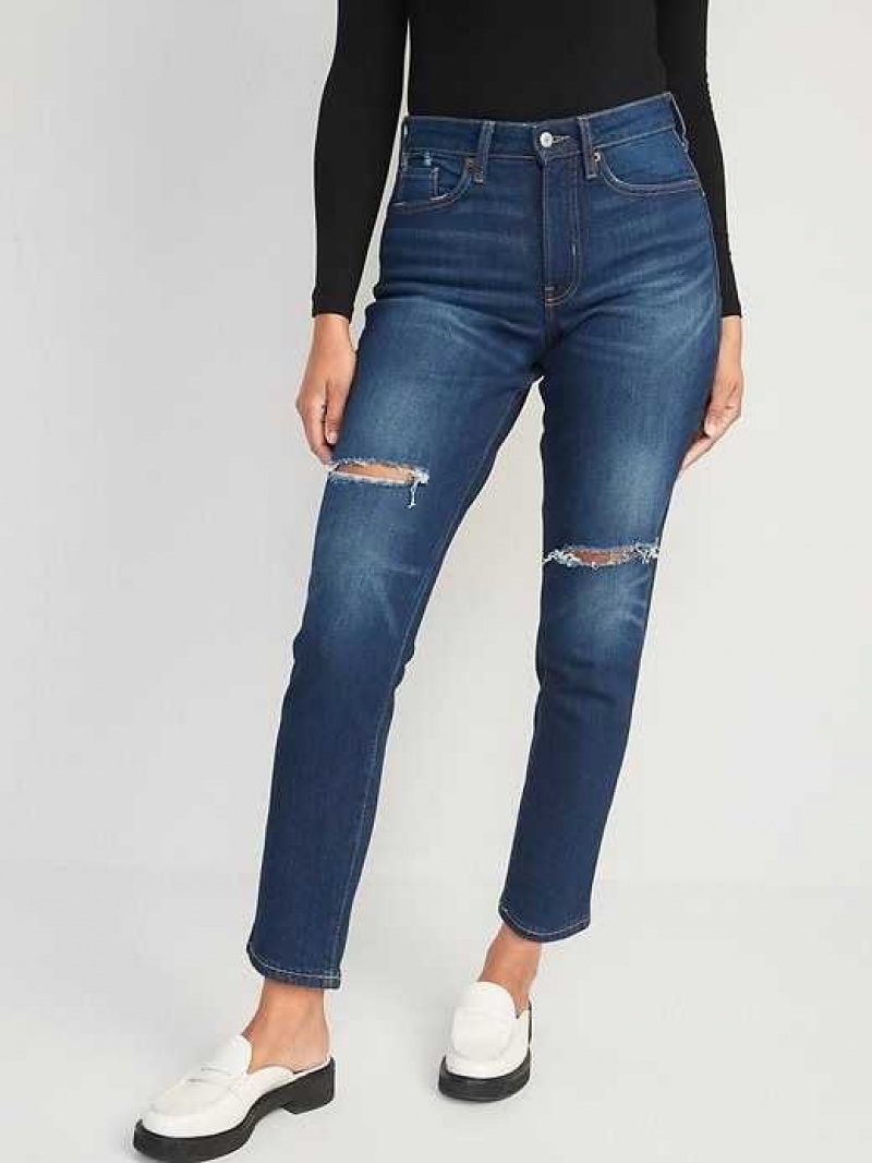 Old Navy Curvy High-Waisted OG Straight Ripped Ankle Jeans Dark Distsressed | RXO754086