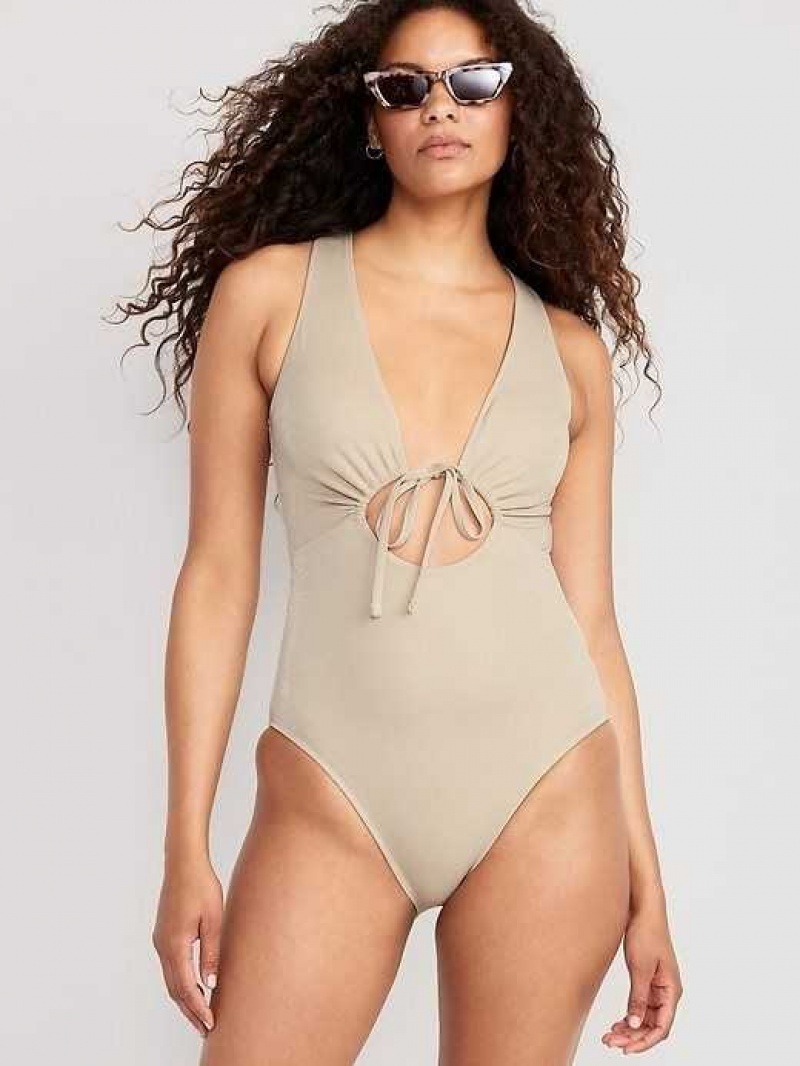 Old Navy Cutout-Front Metallic Shine One-Piece Swimsuit Cozy Cashmere | MPZ269853