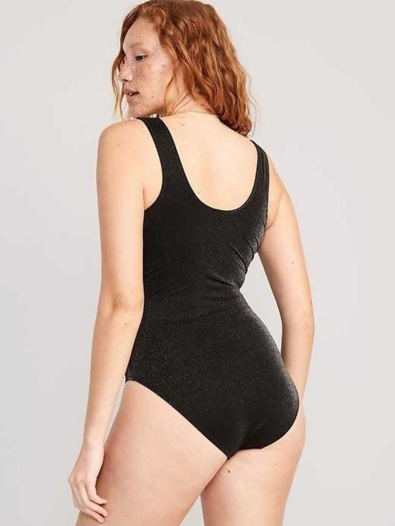 Old Navy Cutout-Front Metallic Shine One-Piece Swimsuit Black | WKF601785