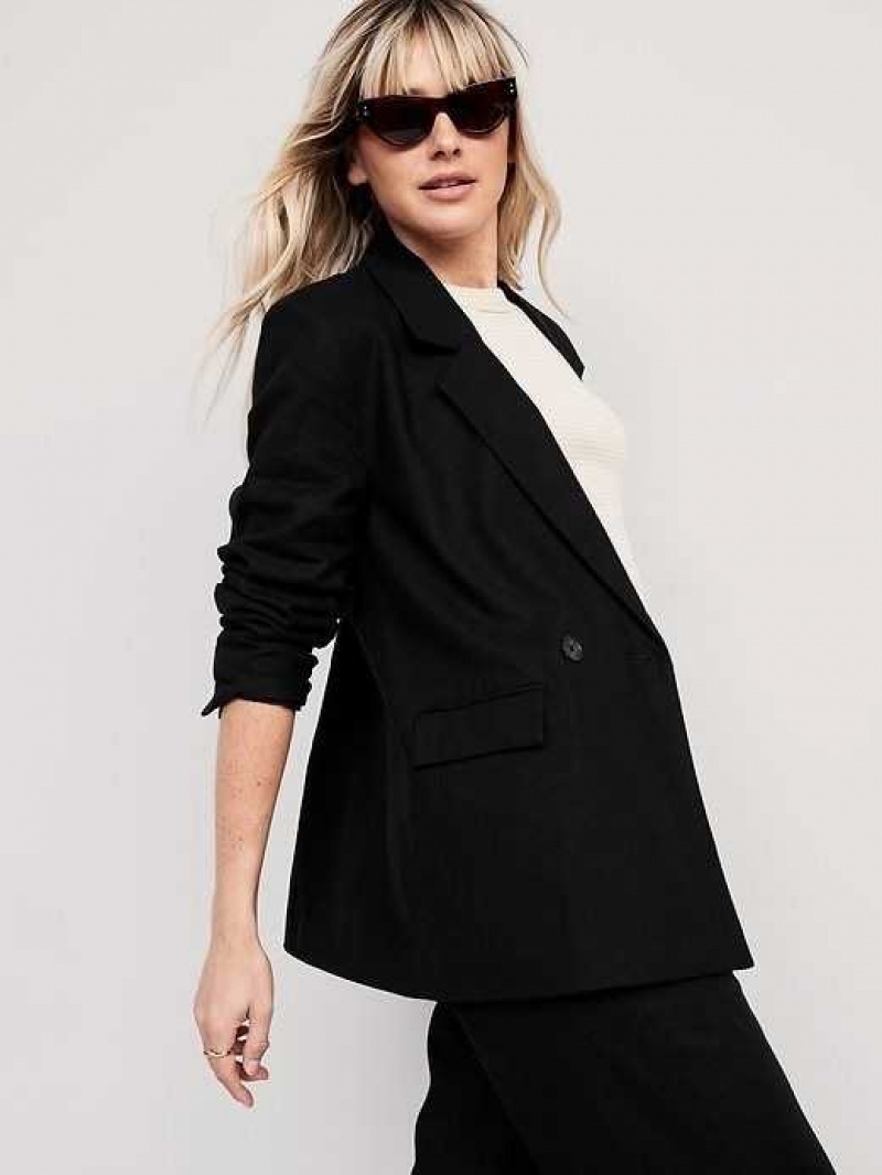 Old Navy Double-Breasted Linen-Blend Suit Blazer Black | KQR187206