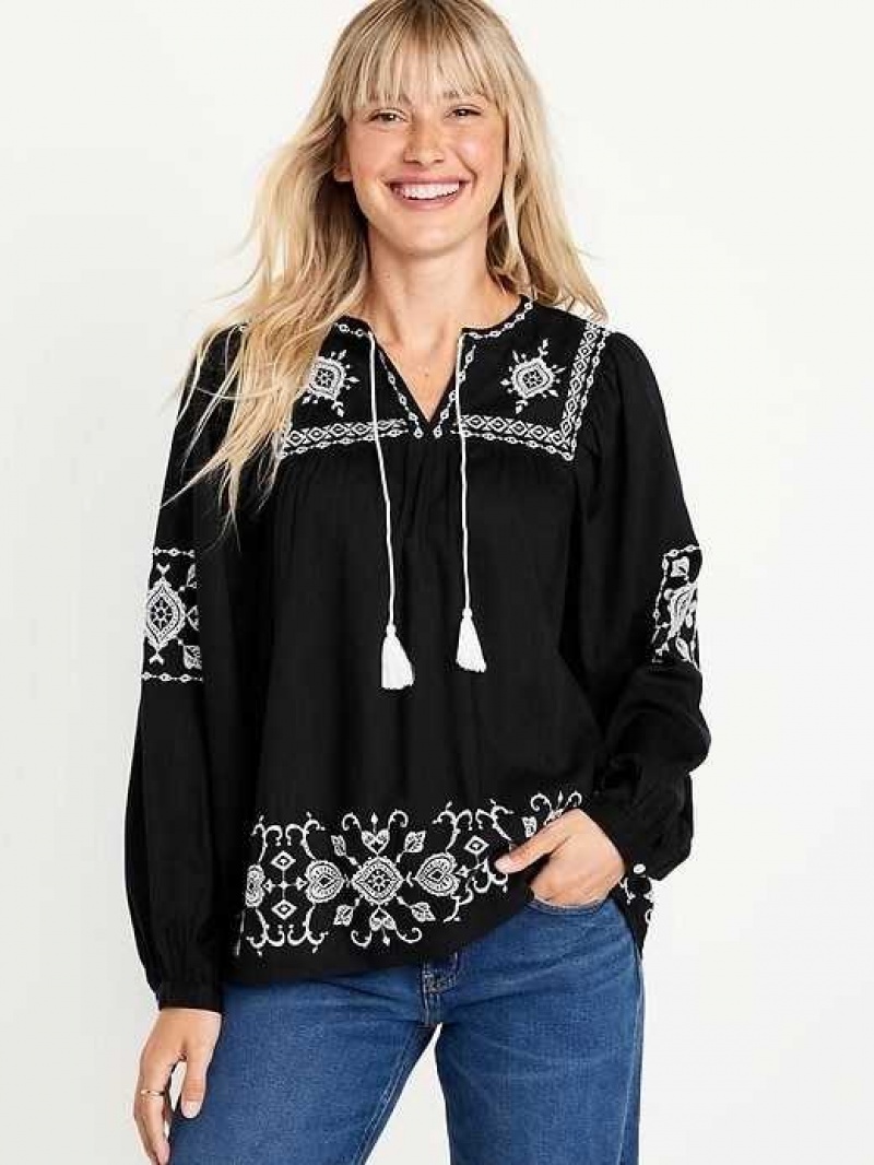 Old Navy Embroidered Boho Swing Blouse Black | VSA624938