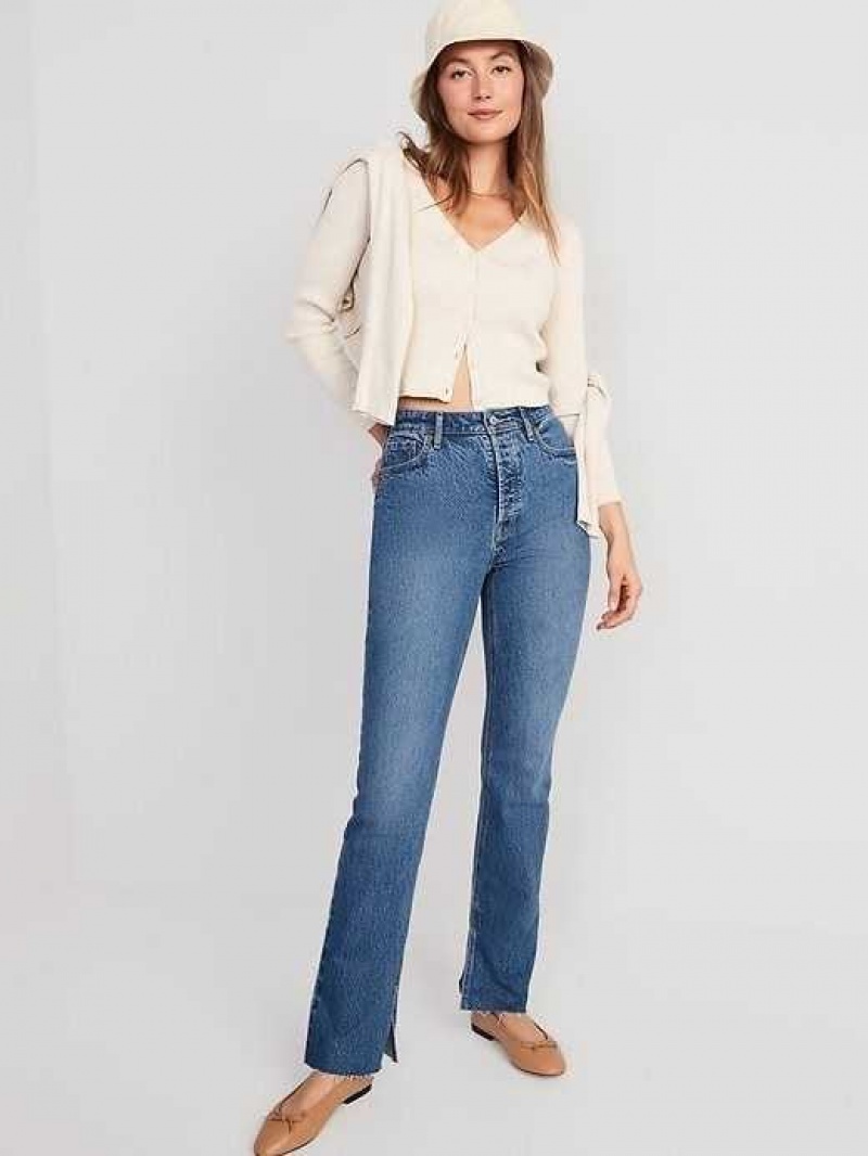 Old Navy Extra High-Waisted Button-Fly Kicker Boot-Cut Side-Slit Jeans Wash | AMT490863