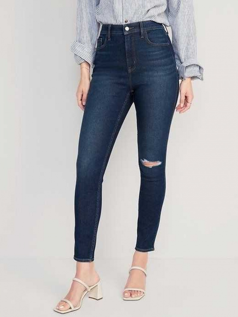 Old Navy Extra High-Waisted Rockstar 360 Stretch Super-Skinny Jeans Dark Distressed | QND804376