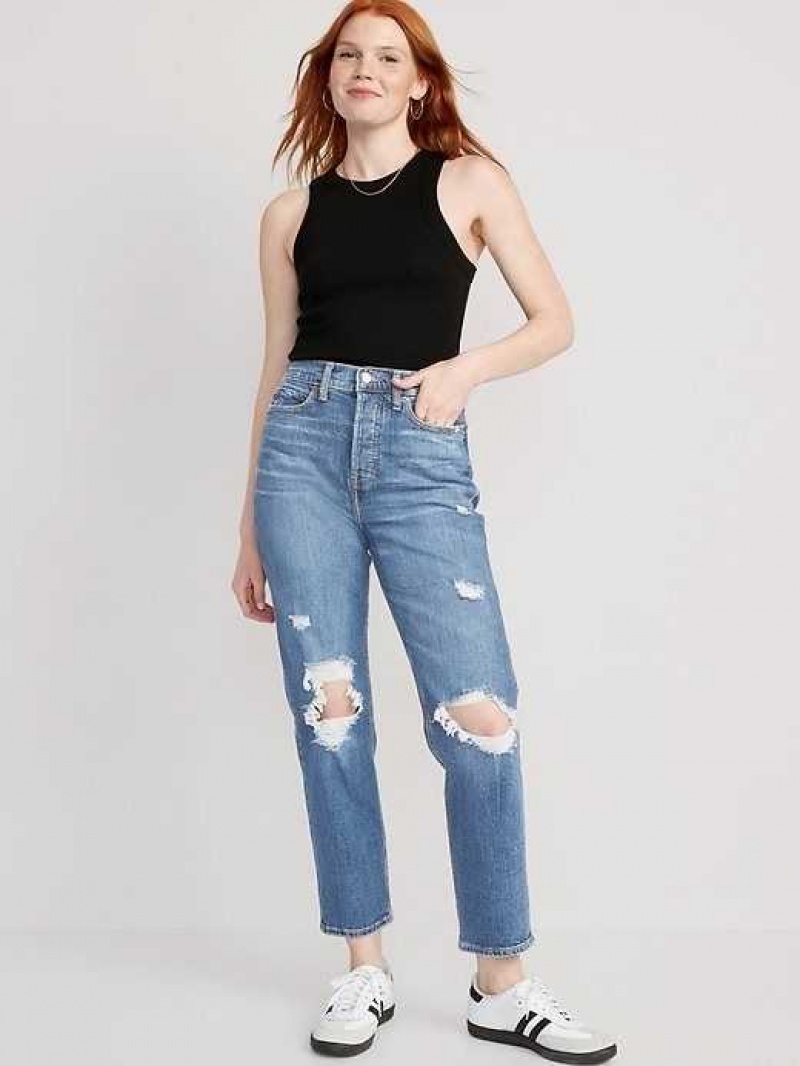 Old Navy Extra High-Waisted Sky-Hi Straight Button-Fly Ripped Jeans Saylor | FRW872153