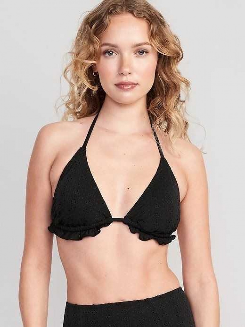 Old Navy Eyelet-Embroidered Triangle Halter Bikini Swim Top Black | KEQ458069