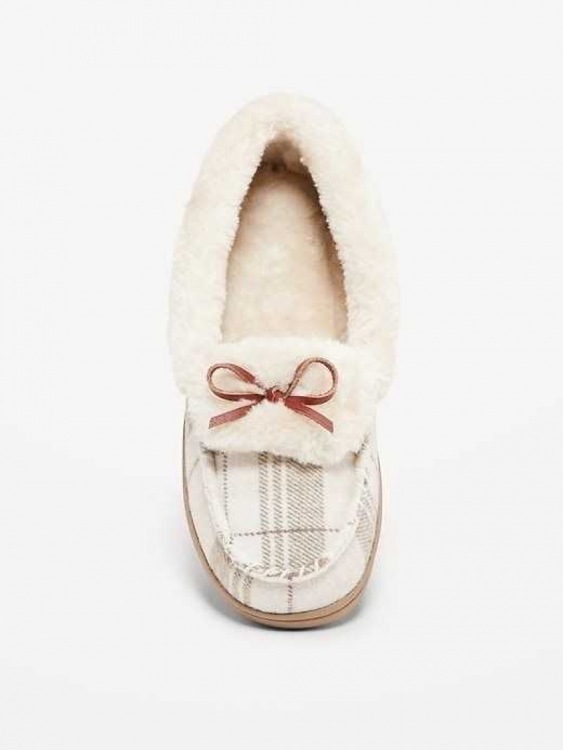 Old Navy Faux-Fur Trim Moccasin Slippers Neutral Plaid | DOL537268