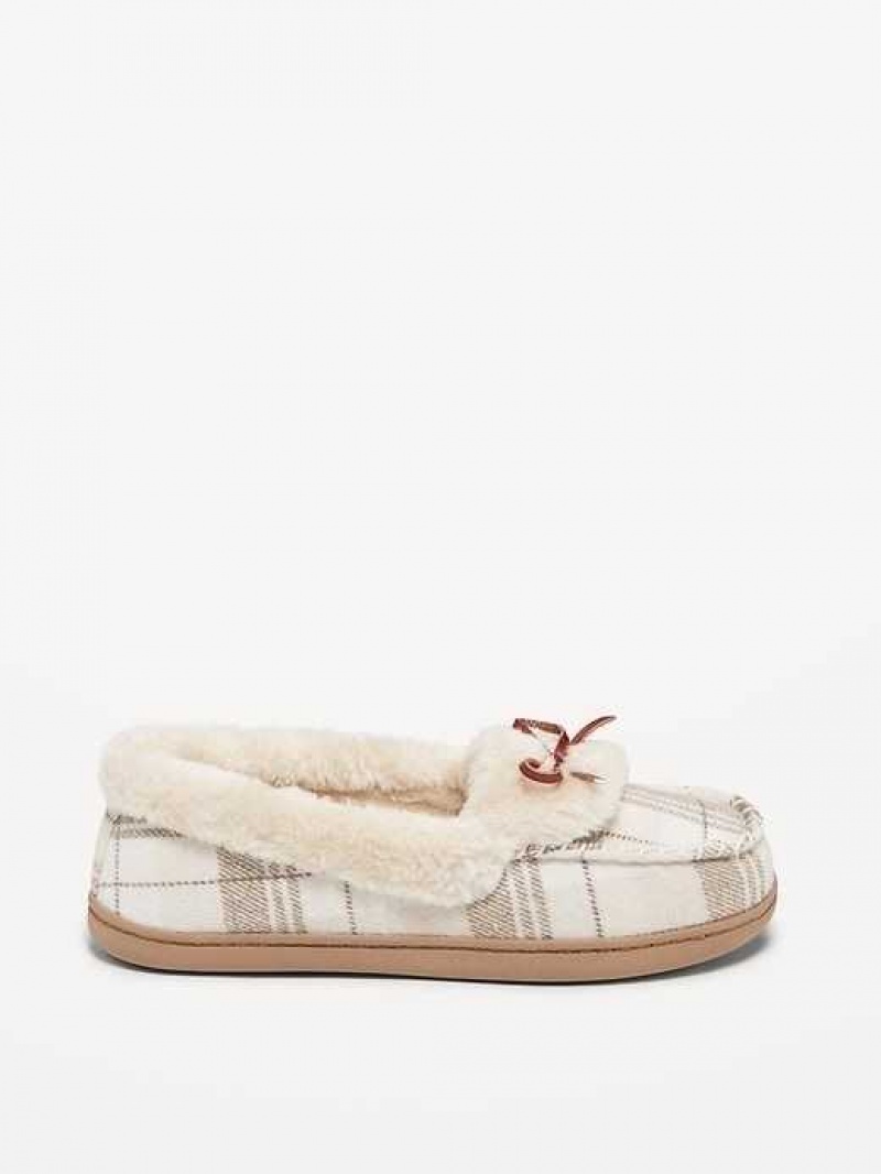 Old Navy Faux-Fur Trim Moccasin Slippers Neutral Plaid | DOL537268