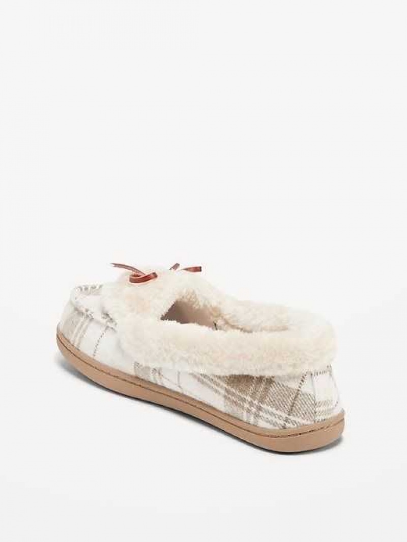 Old Navy Faux-Fur Trim Moccasin Slippers Neutral Plaid | DOL537268