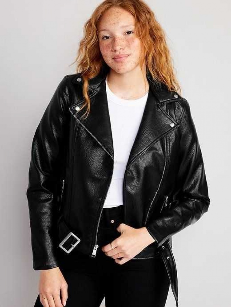 Old Navy Faux-Leather Belted Biker Jacket Black | EVU346187