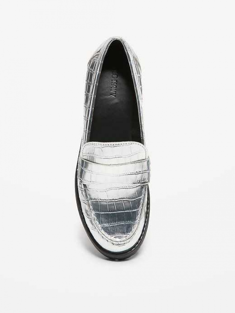 Old Navy Faux Leather Chunky Heel Loafers Silver | EIK815320