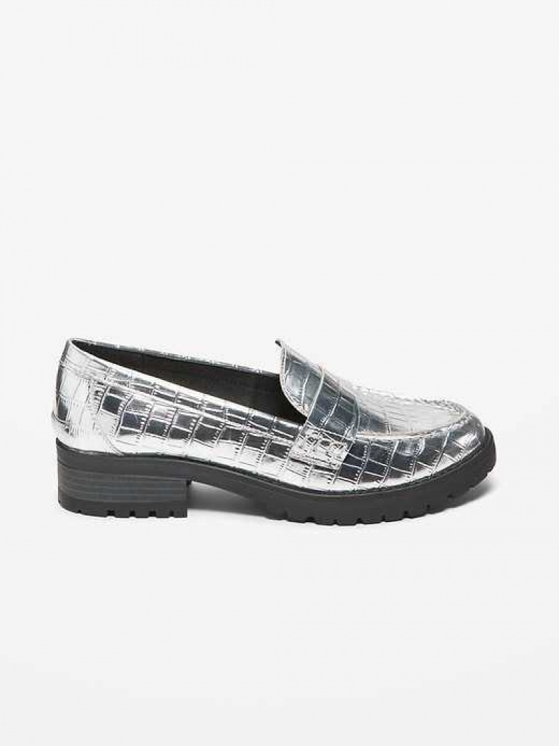 Old Navy Faux Leather Chunky Heel Loafers Silver | EIK815320