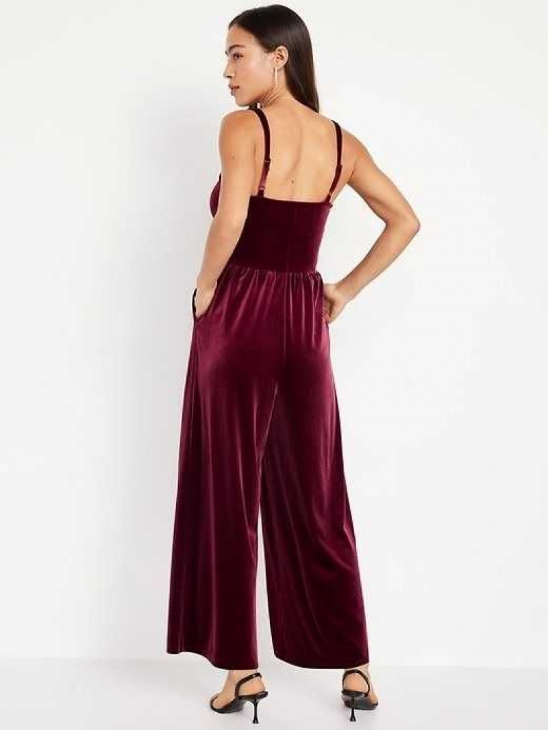 Old Navy Fit & Flare Cami Velvet Jumpsuit Red Burgundy | EJP579342