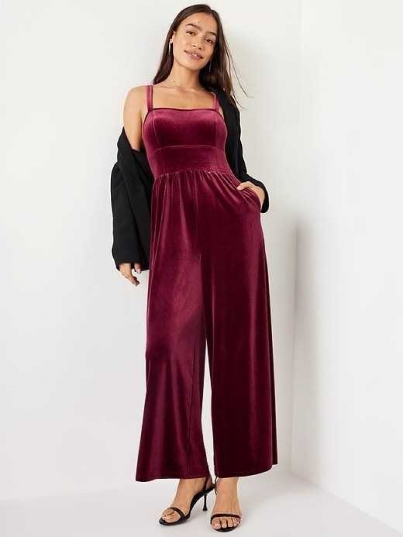 Old Navy Fit & Flare Cami Velvet Jumpsuit Red Burgundy | EJP579342