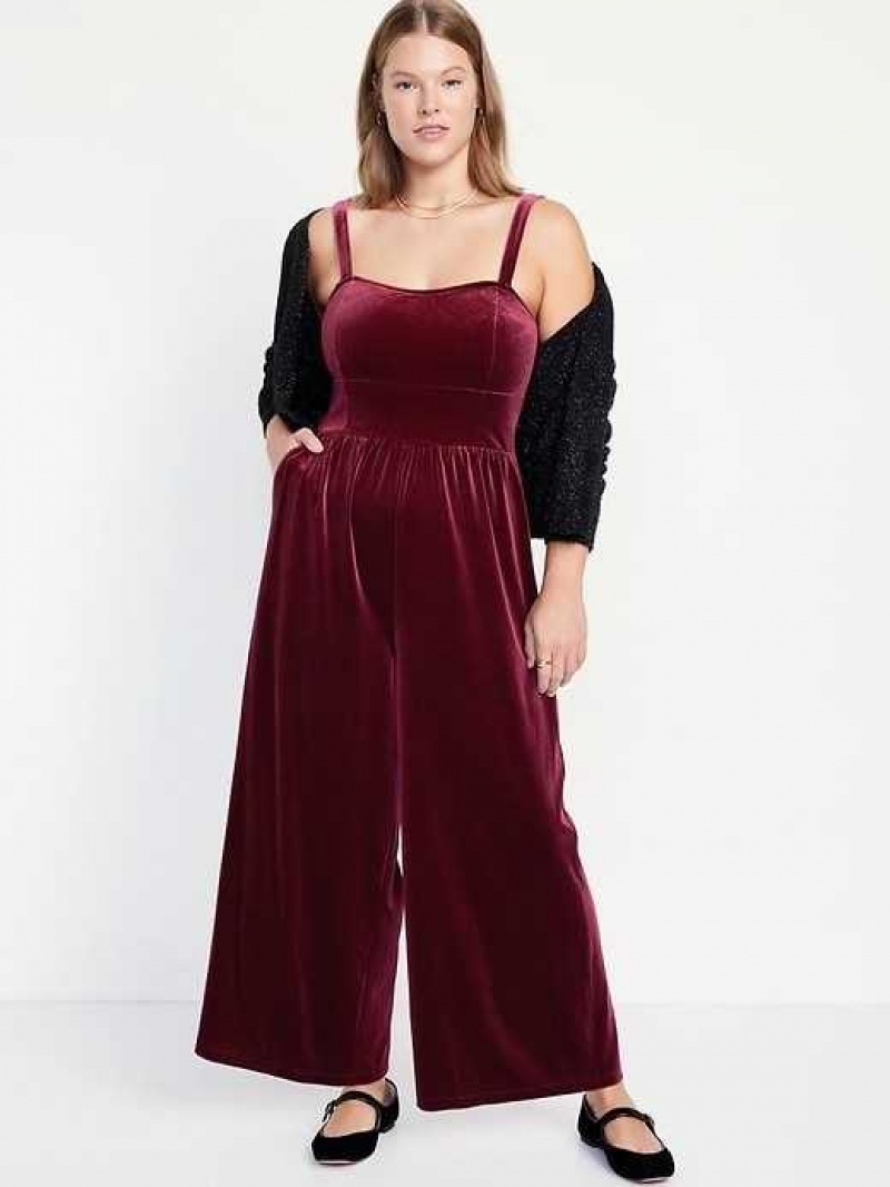 Old Navy Fit & Flare Cami Velvet Jumpsuit Red Burgundy | EJP579342