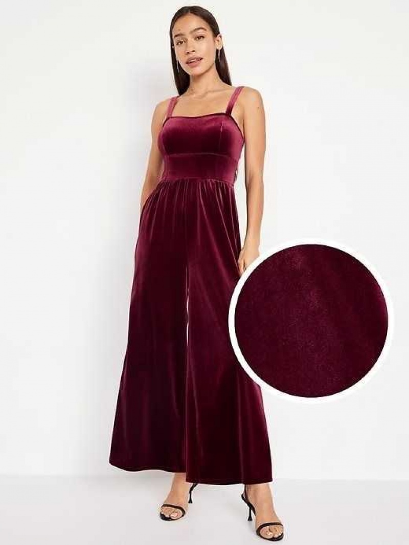 Old Navy Fit & Flare Cami Velvet Jumpsuit Red Burgundy | EJP579342