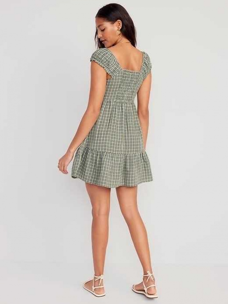 Old Navy Fit & Flare Cap-Sleeve Plaid Smocked Mini Dress White / Green | NCQ682073