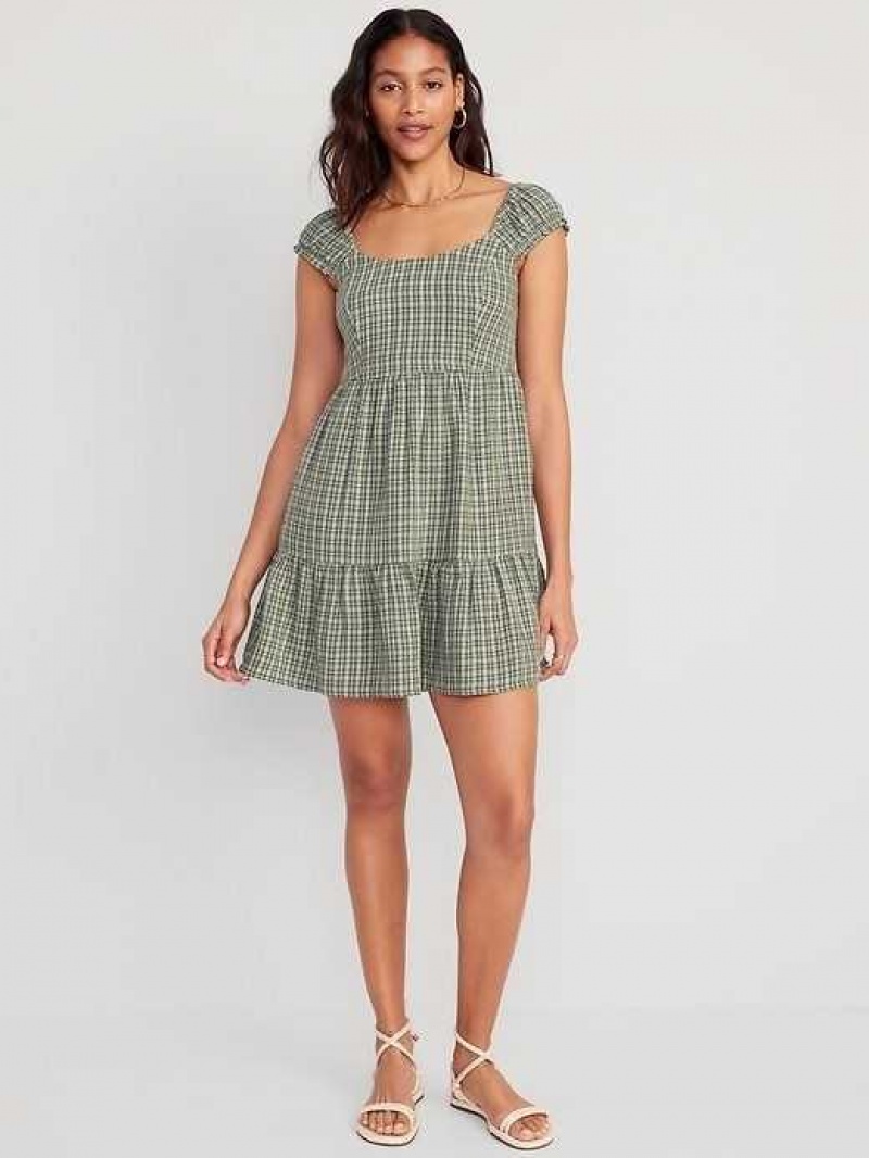 Old Navy Fit & Flare Cap-Sleeve Plaid Smocked Mini Dress White / Green | NCQ682073