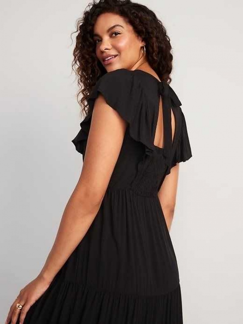 Old Navy Fit & Flare Flutter-Sleeve Tiered Smocked Midi Dress Black | XBJ375894