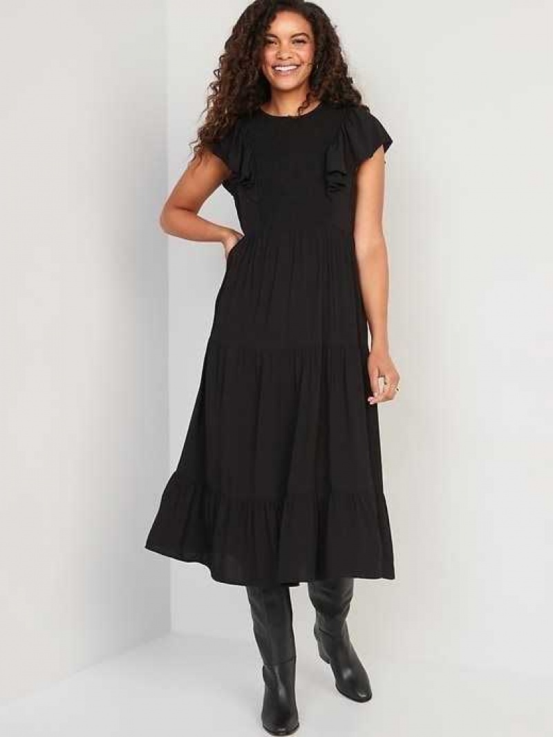 Old Navy Fit & Flare Flutter-Sleeve Tiered Smocked Midi Dress Black | XBJ375894