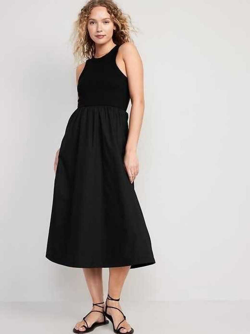 Old Navy Fit & Flare High-Neck Combination Midi Dress Black | QXP253187