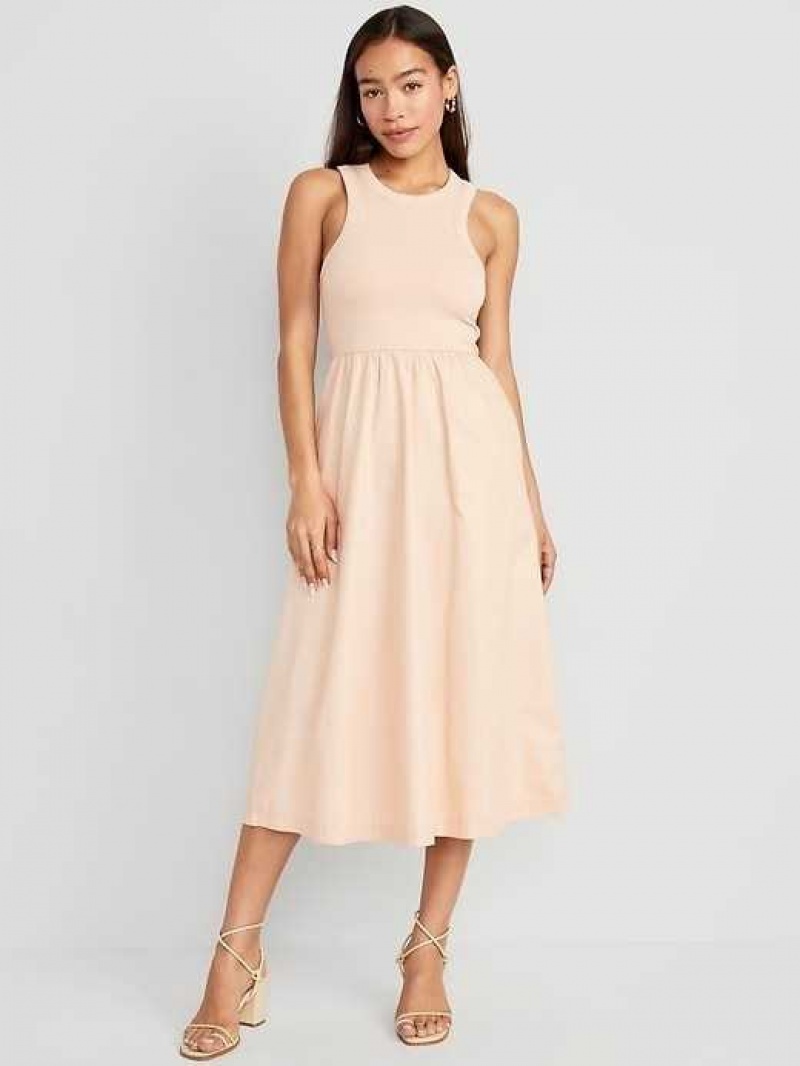 Old Navy Fit & Flare High-Neck Combination Midi Dress Desert Floor | NTQ486123