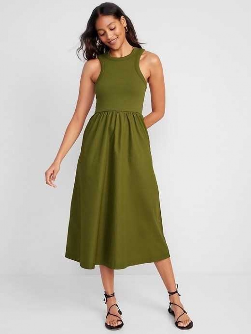 Old Navy Fit & Flare High-Neck Combination Midi Dress Nori Seaweed | JFB278340