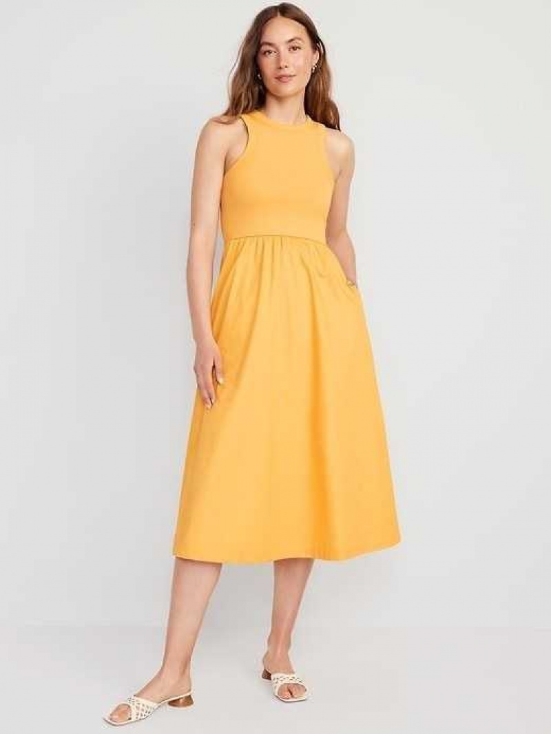 Old Navy Fit & Flare High-Neck Combination Midi Dress Sweet Pollen | YFZ357490