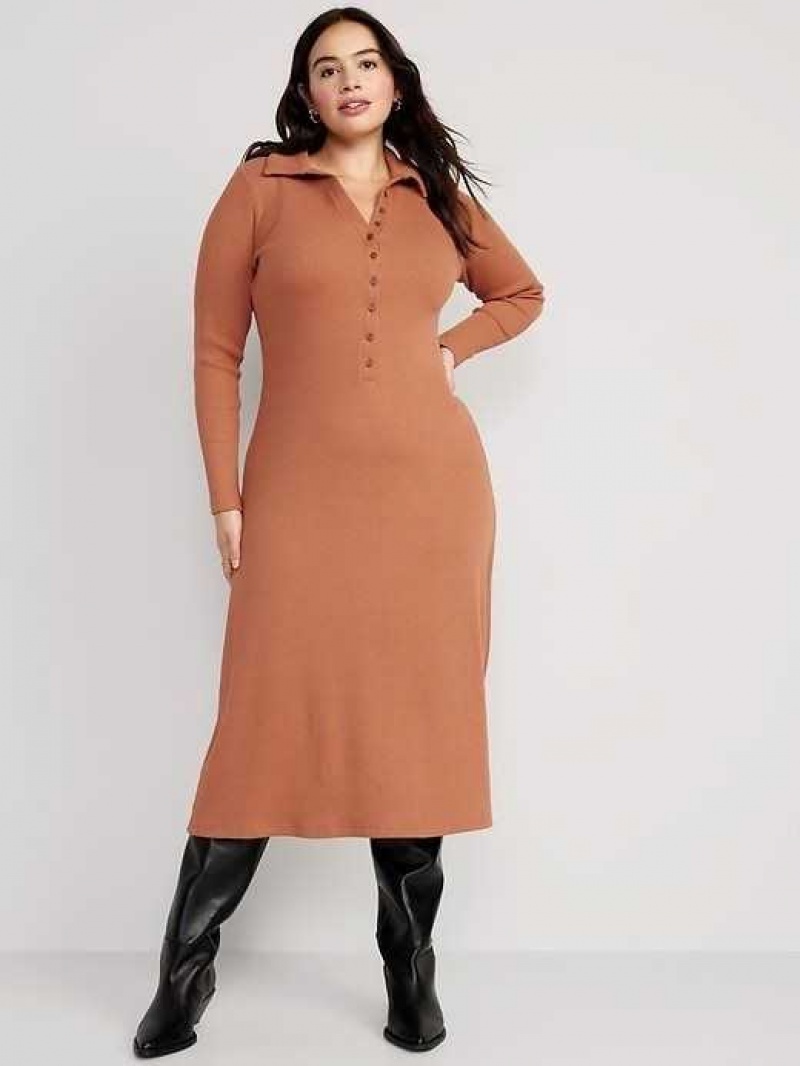 Old Navy Fit & Flare Long-Sleeve Henley Midi Dress Turmeric | HAD719845