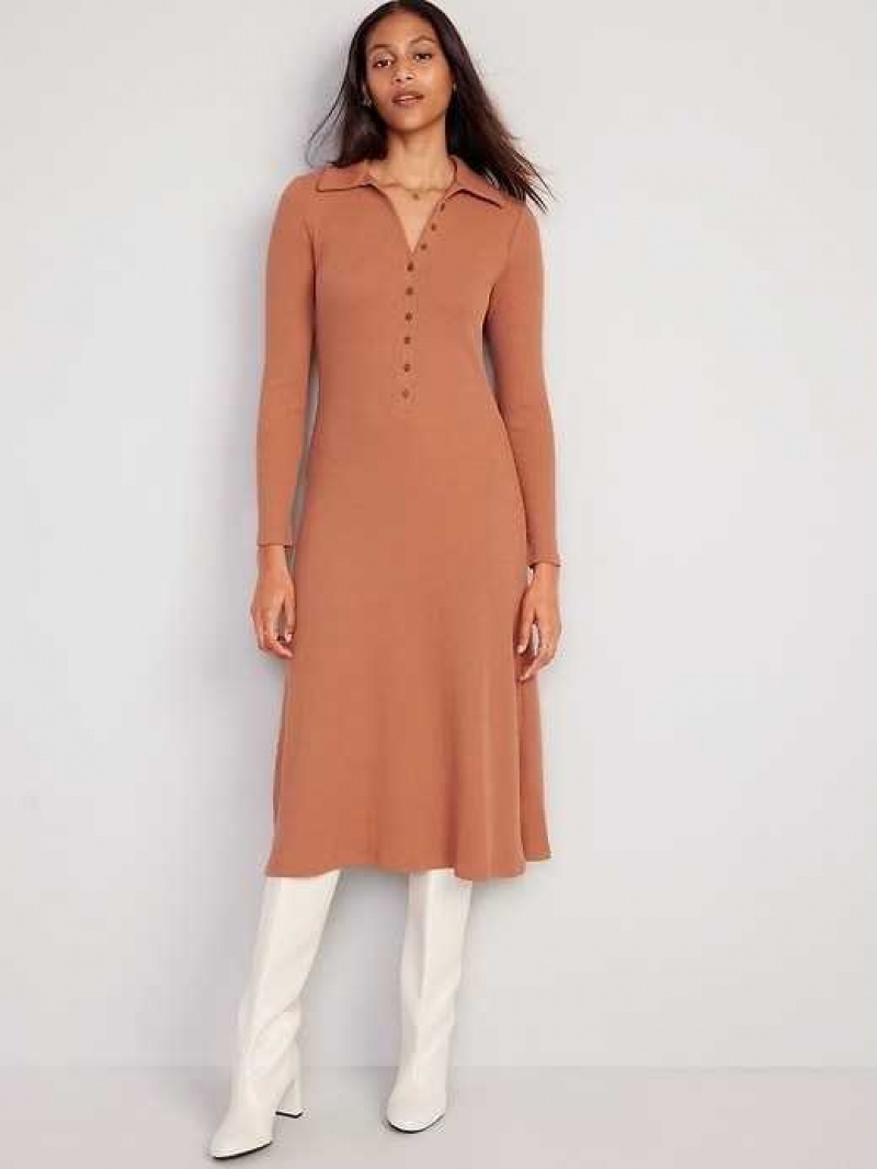 Old Navy Fit & Flare Long-Sleeve Henley Midi Dress Turmeric | HAD719845