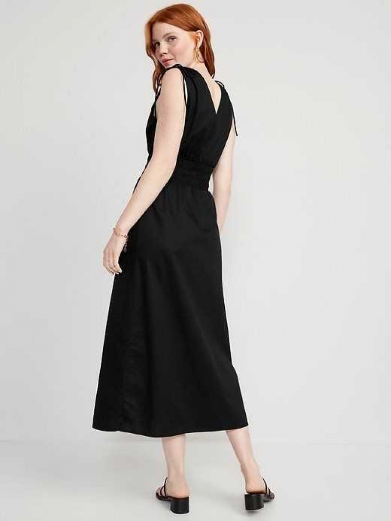 Old Navy Fit & Flare Sleeveless Tie-Shoulder Smocked Maxi Dress Black | RZI392081