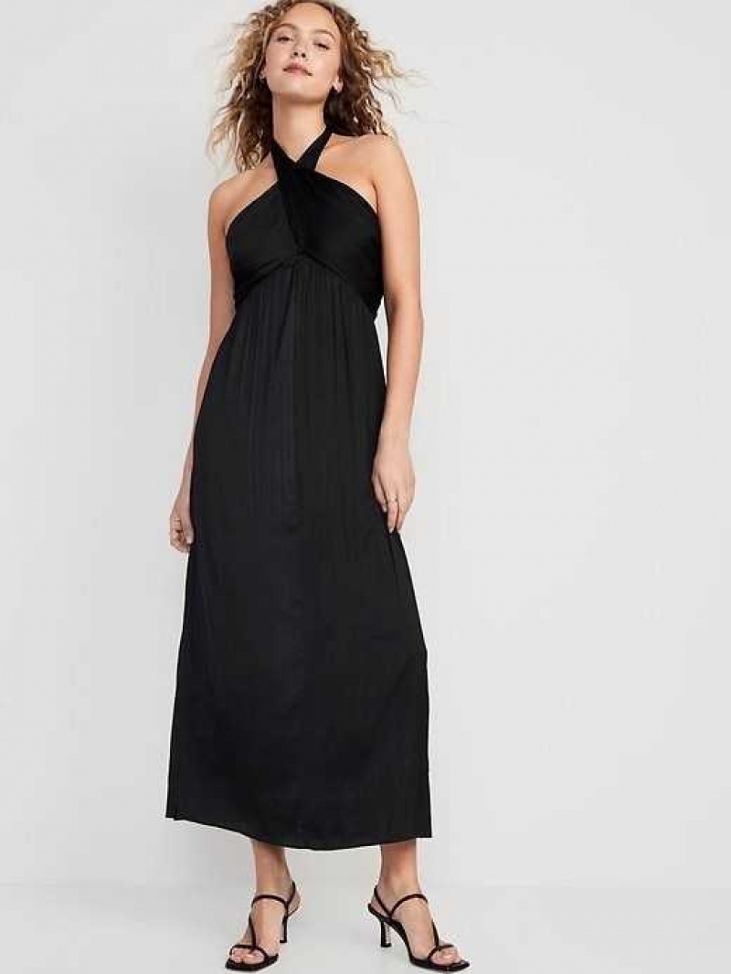 Old Navy Fit & Flare Wrap-Neck Satin Maxi Dress Black | BEZ571026