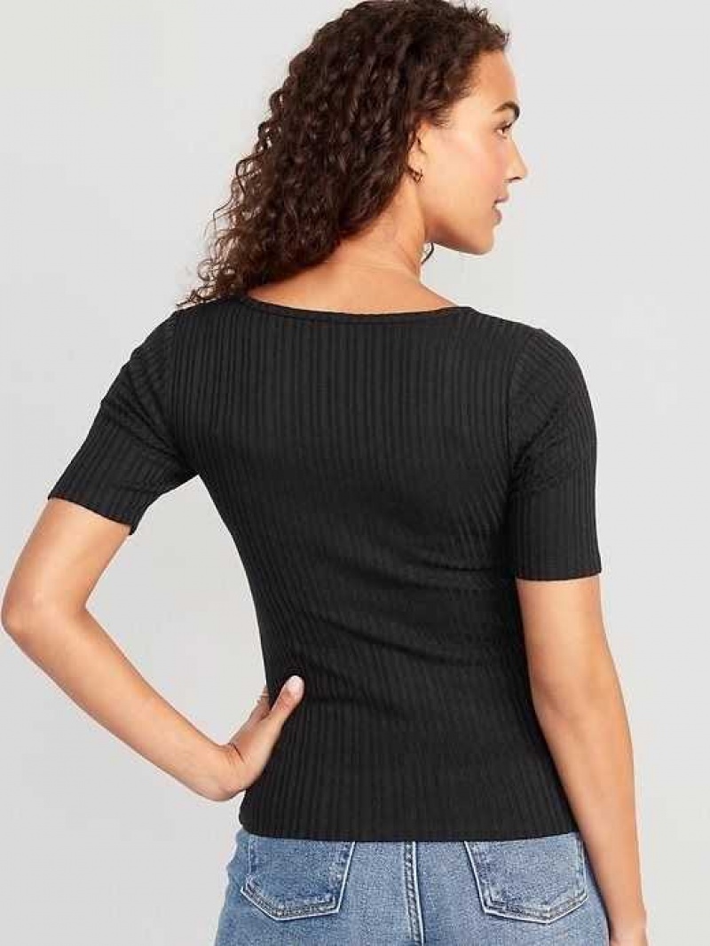 Old Navy Fitted Elbow-Sleeve Rib-Knit T-Shirt Black | TWI482931