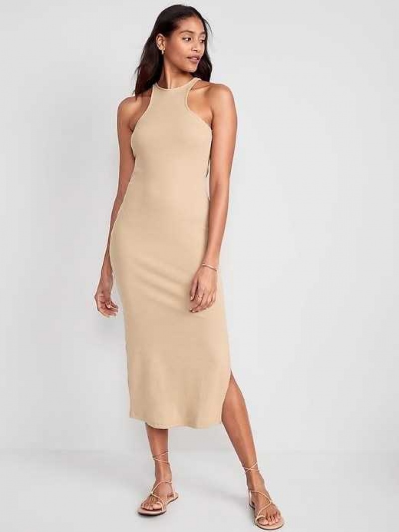 Old Navy Fitted High-Neck Rib-Knit Maxi Dress Beige | TOJ635289