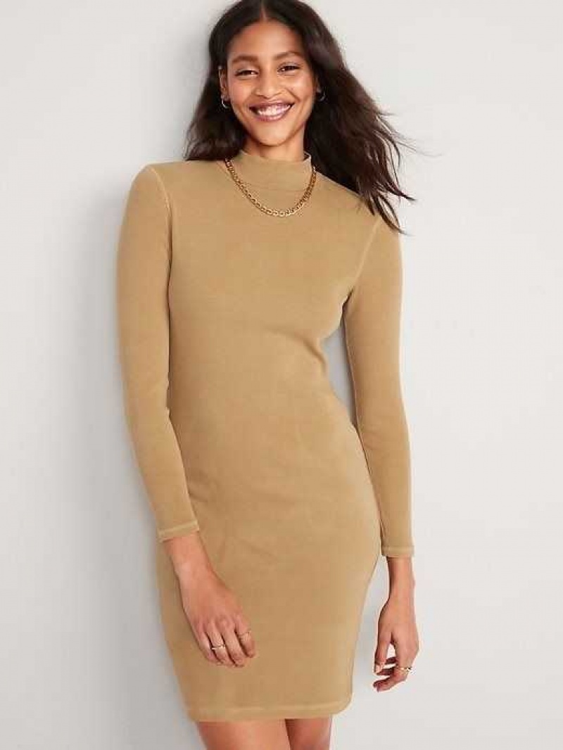 Old Navy Fitted Long-Sleeve Mock-Neck Rib-Knit Mini Dress Acacia | WSK752196