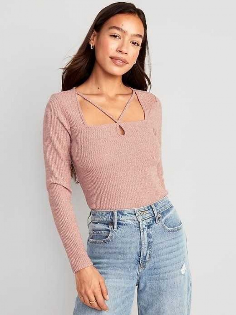 Old Navy Fitted Long-Sleeve Strappy Keyhole Top Light Pink | LRK581920