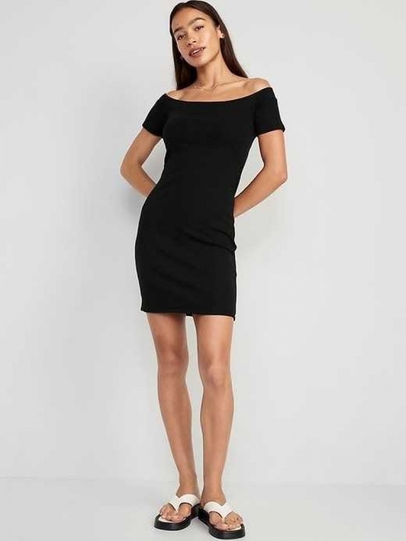 Old Navy Fitted Off-The-Shoulder Rib-Knit Mini Dress Black | EKH146359