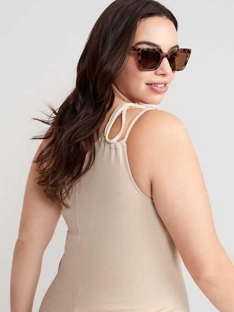 Old Navy Fitted One-Shoulder Double-Strap Rib-Knit Midi Dress Desert Floor | TFN806954