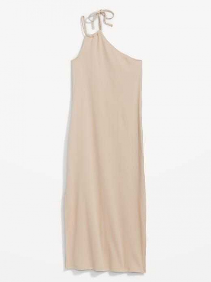 Old Navy Fitted One-Shoulder Double-Strap Rib-Knit Midi Dress Desert Floor | TFN806954