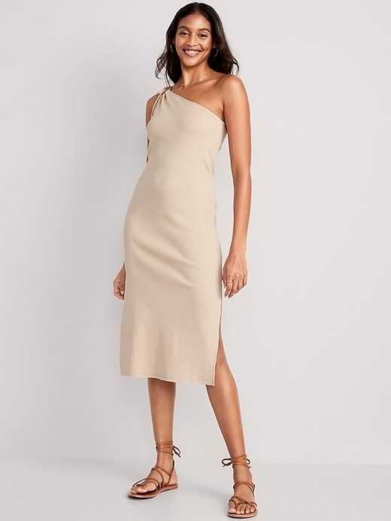 Old Navy Fitted One-Shoulder Double-Strap Rib-Knit Midi Dress Desert Floor | TFN806954