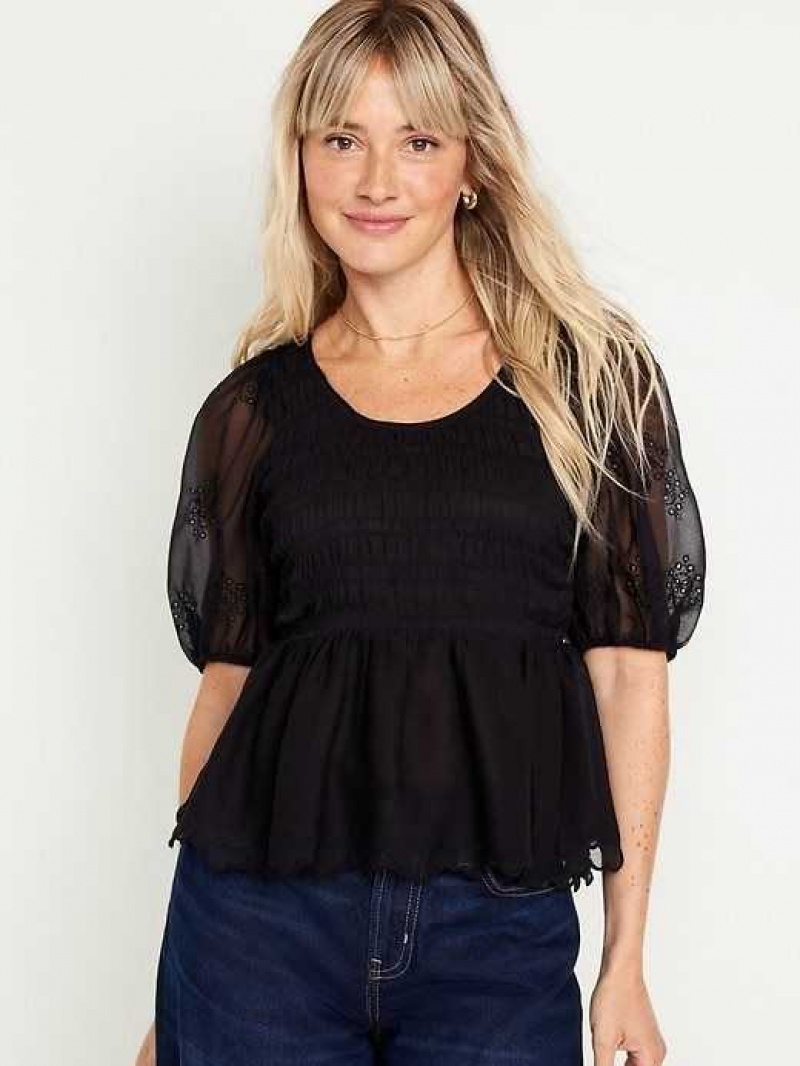 Old Navy Fitted Puff-Sleeve Smocked Chiffon Top Black | ION518039