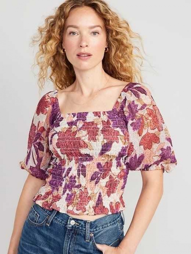 Old Navy Fitted Puff-Sleeve Smocked Top Autumn Leaves | ZWM356012