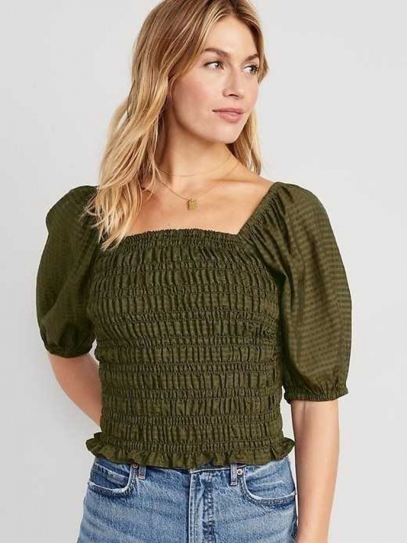 Old Navy Fitted Puff-Sleeve Smocked Top Conifer | YWQ710492