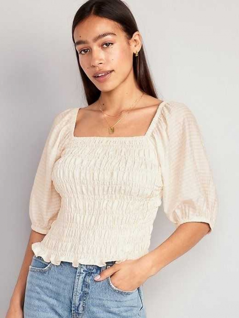 Old Navy Fitted Puff-Sleeve Smocked Top Creme De La Creme | GDP042738