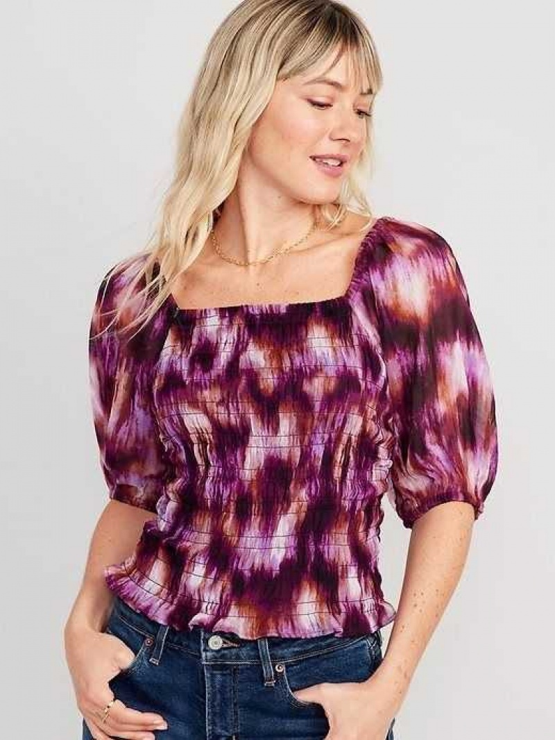 Old Navy Fitted Puff-Sleeve Smocked Top Purple Multicolor | QLJ367824