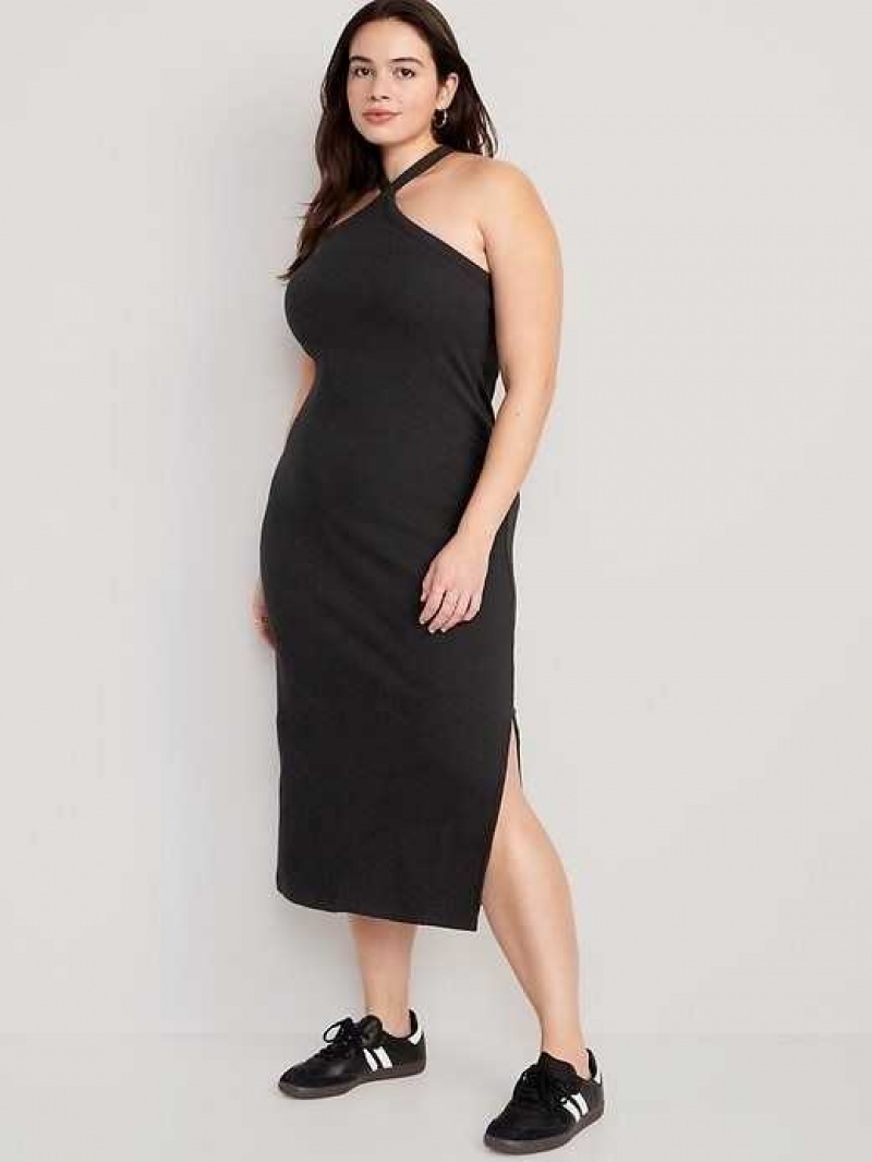 Old Navy Fitted Rib-Knit Halter Midi Dress Black | MBR196754