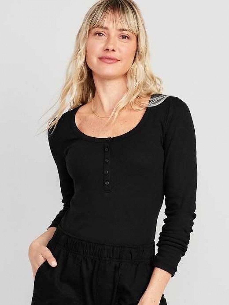 Old Navy Fitted Rib-Knit Henley T-Shirt Black | YIE325960