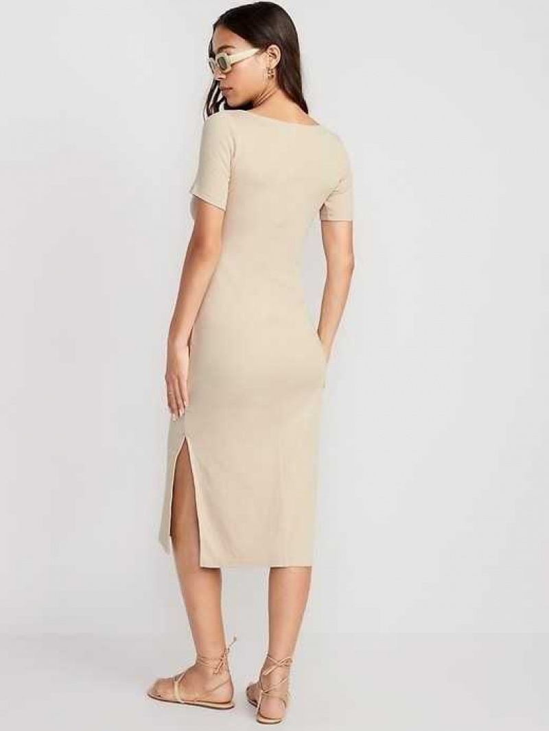 Old Navy Fitted Rib-Knit Scoop-Neck Midi Dress Desert Floor | AYU418257